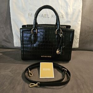 NWOT - Michael Kors Zoe Black Medium Leather Croc-Embossed Satchel
